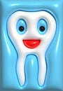 Character tooth with a smile on a blue background, 3D illustration