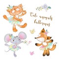 Character toy set. The mouse the cat and the Fox in a tutu. Animal ballerinas. Vector Royalty Free Stock Photo