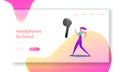 Character Use Wifi Earphones for Sport Activity Landing Page Template. Happy Woman in Sports Wear