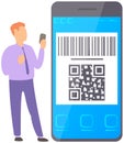 Character using mobile phone with barcode for online payment. Person scanning qr code from screen