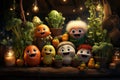 Character vegetable faces. Happy animation vegetable family cartoon in magical rural kitchen. AI generated.