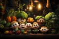 Animation vegetable faces. Close-up joyful veggie characters in a magical rural kitchen. AI generated.