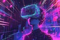 A character in VR glasses in neon space in the style of halftone pattern. Generative AI
