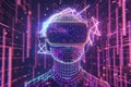 A character in VR glasses in neon space in the style of halftone pattern. Generative AI