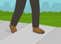 Character walking on sidewalk and about to fall down. Close-up view of foot stumbling over raise sinking concrete sidewalk.