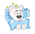 Character white dog in the bed with book under the pillow in cartoon style on white Royalty Free Stock Photo