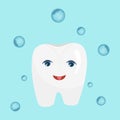 The character is a white tooth with eyes and a cartoon smile isolated on a blue background. Vector illustration for