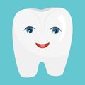 The character White Tooth with eyes and a cartoon-style smile is isolated on a blue background. Vector illustration for