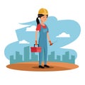 Character woman employee worker construction toolkit urban background