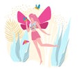 Character woman fairy, flight in outdoor park, fantasy area, isolated on white, flat vector illustration. Lovely magical