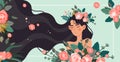 Character woman flower hair, lovely female beautiful blossom, romantic girl in floret flat vector illustration. Design