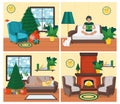 Character woman, man relax country house, xmas and christmas concept design cozy interior place set cartoon vector illustration Royalty Free Stock Photo