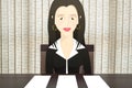 Character woman sitting in a chair in front of the table, gives three options of blank paper to put tex