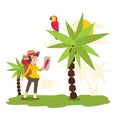 Character woman studies parrot on palm tree, isolated on white, flat vector illustration. Design banner, tropical