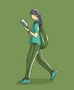 Character woman walking while reading.
