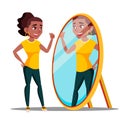 Character Woman Watch Mirror And Admires Vector