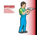 A character, a repairman is drilling a wall