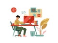 Character working at computer. Trendy modern scene with creative man with laptop at home or cafe. Vector cartoon happy