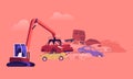 Character Working on Grabber Loading Old Junk Cars at Pile with Ruined Vehicles. Scrap Metal Utilization and Recycling Royalty Free Stock Photo