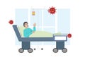 Character young man sick infected with coronavirus lying in bed bedroom interior quarantine medical treatment. Flat style cartoon