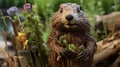 Characterful Beaver Sculpture Among Garden Flowers In Focus Stacking Style Royalty Free Stock Photo