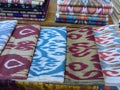 Characteristic colored fabrics of the Uzbekistan exposed in a shop, Bukhara.