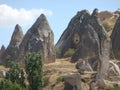 Panorama of strange form rocks of the natural park of Goreme in Capadoccia in Turkey.