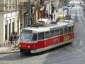 Characteristic red tram of Prague in Czech Republic.