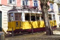 The characteristic yellow tram of Lisbon, Portugal