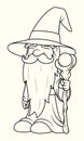 Old wizard cartoon illustration with long beard, robe and hat, holding a staff with orb. Mage character design or concept of fanta Royalty Free Stock Photo