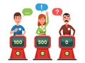 Characters answer test question on intellect show. Pressing button and answering quiz questions. Game competition vector Royalty Free Stock Photo