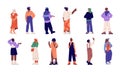 Characters back rear view set. People standing, turned backside. Diverse men, women from behind, gesturing with hands Royalty Free Stock Photo