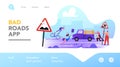 Characters on Bad Road Landing Page Template. City Dwellers Get in Trouble on Broken Highway. Woman Stumble Falling Down