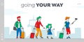 Characters with Bags Boarding on Airplane Landing Page Template. Travelers Go to Aircraft, Passengers Board to Jet