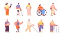 Characters bandaged girl boy. Worker on wheelchair, injurious people group. Inclusion and equal person utter vector set Royalty Free Stock Photo