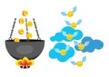 Characters in a boiling pot and emoticons with wings on clouds. Hell and Heaven