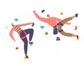Characters Bouldering On A Rock Wall, Displaying Strength And Balance, As They Climb With Ropes, Vector Illustration