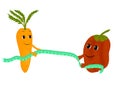 Characters carrots and peppers stretched a measuring tape. Isolated vector