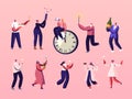 Characters Celebrate New Year Having Fun, Drinking Champagne, Eating Meals and Shoot with Flappers at at Chiming Clock