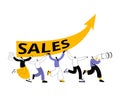 The characters cheerfully carry a growing sales arrow.