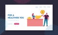 Characters Cooking and Eating Fruit Chips Landing Page Template. Tiny Woman Cut Huge Banana, Man Holding Slice Royalty Free Stock Photo