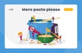 Characters Cooking Pasta, Italian Food Landing Page Template. Tiny People Put Spaghetti and Dry Macaroni in Huge Pan Royalty Free Stock Photo