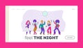 Characters Dance at Retro Disco Party in Night Club Landing Page Template. Group of Young People in 1970s