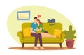 Characters Dating, Love, Spare Time Leisure Concept. Young Loving Couple Hug Sitting on Couch at Home. Man Embrace Woman