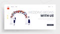 Characters Decorate Arch for Outdoor Marriage Ceremony Landing Page Template. Women Install Wedding Decor with Flowers