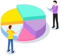Characters discuss while working with statistical pie chart. Profit sectorized diagram, statistics Royalty Free Stock Photo