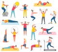 Characters Doing Fitness with Sport Equipment Royalty Free Stock Photo