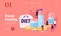 Characters Drink Water on Diet Landing Page Template. Tiny Men and Women at Huge Bottle and Glasses with Fresh Pure Aqua