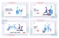 Characters Drink Water, Stay Hydrated Landing Page Template Set. Tiny People at Huge Bottle and Glass with Pure Aqua