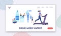 Characters Drink Water to Stay Hydrated Landing Page Template. Tiny People at Huge Bottle and Glass with Pure Aqua